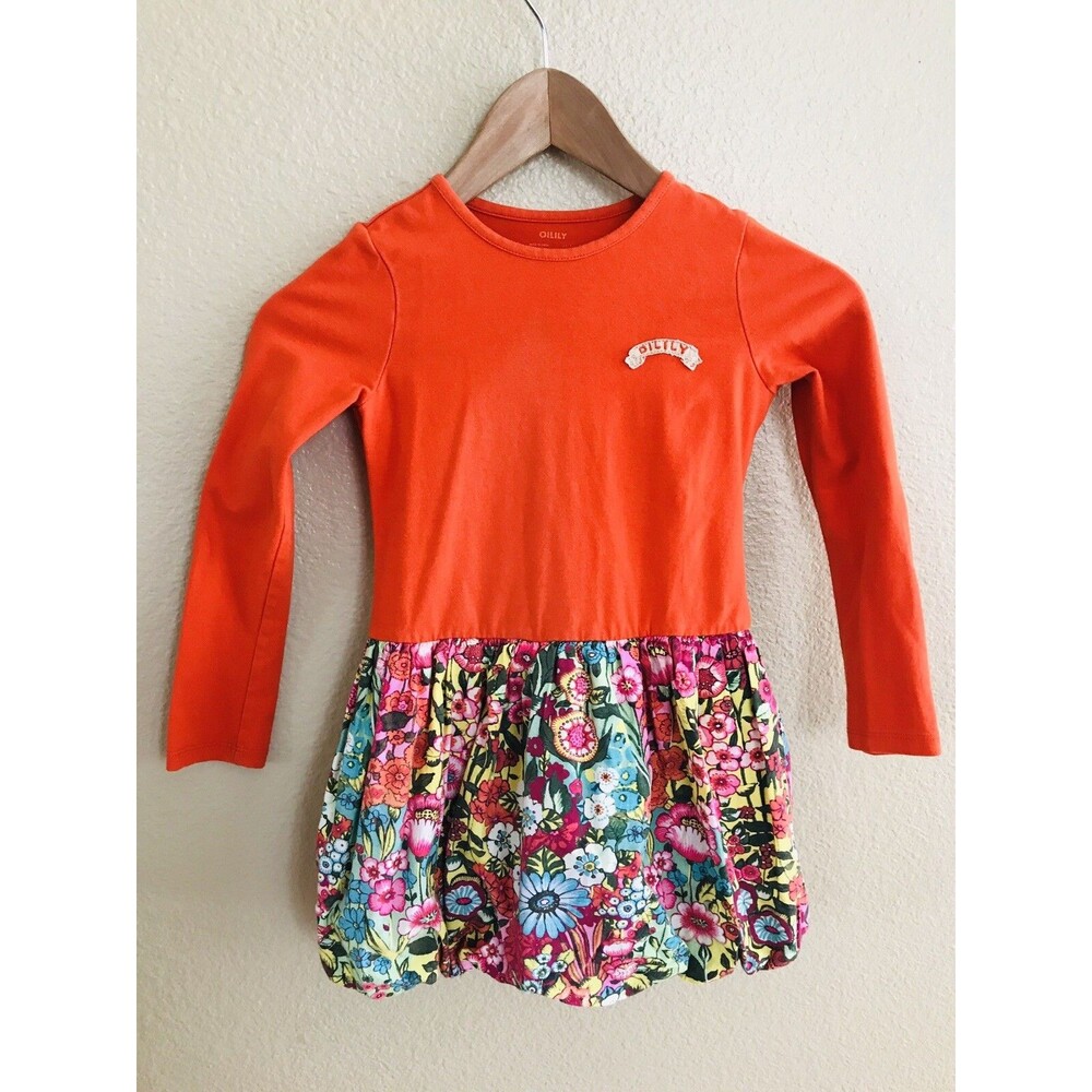 OILILY Designer Dress Girls Size 4 Orange Floral Ruffle Bubble Hem Long Sleeve
